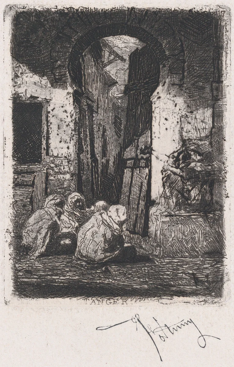 Tangiers, a group of men seated near an arch by Mariano Fortuny, print, 1861