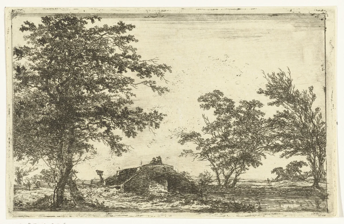 Stenen brug met twee figuren by Hermanus van Brussel, print, 1800-1815