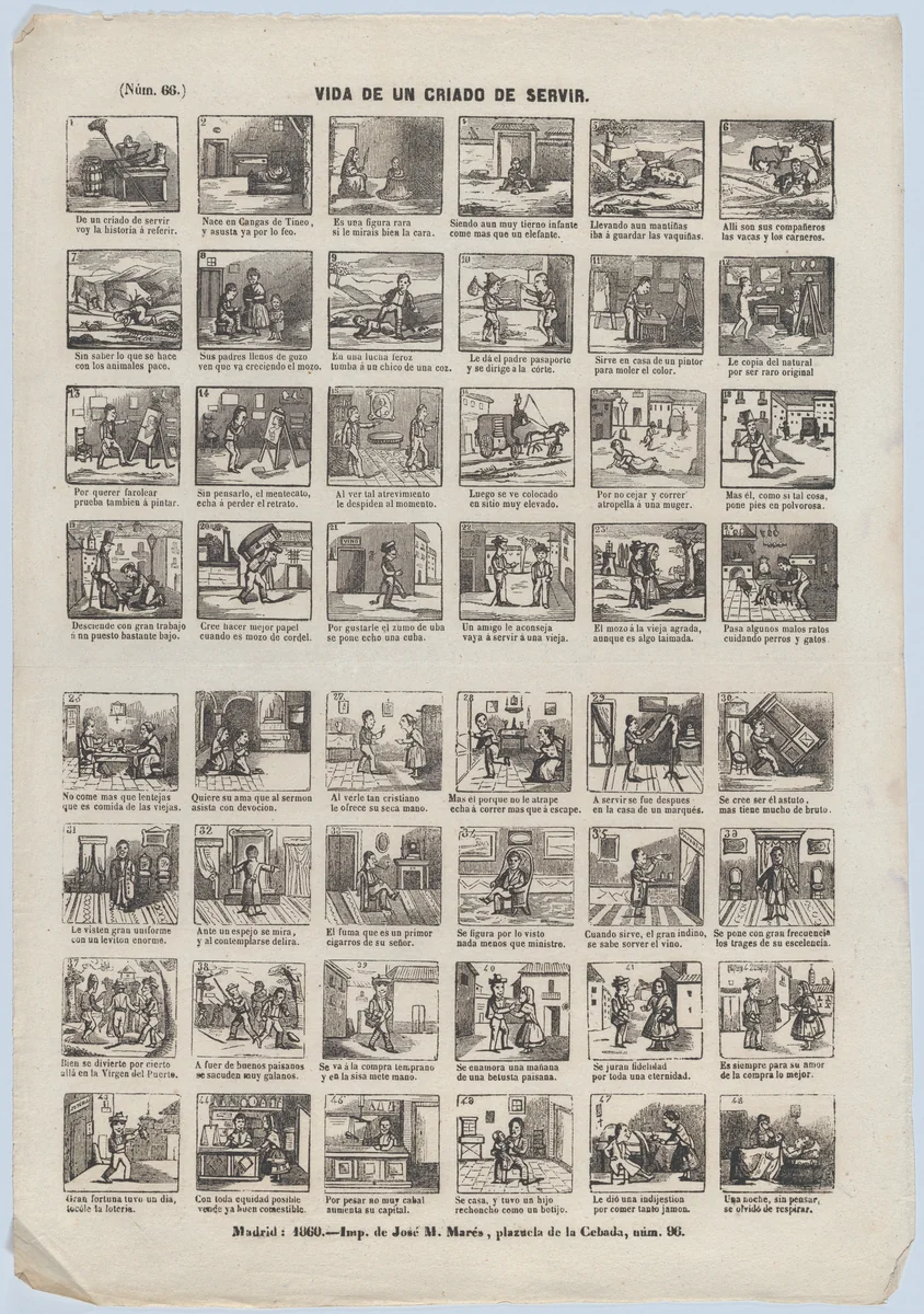 Broadside with 48 scenes from the life of a male servant by José María Marés, print, 1860