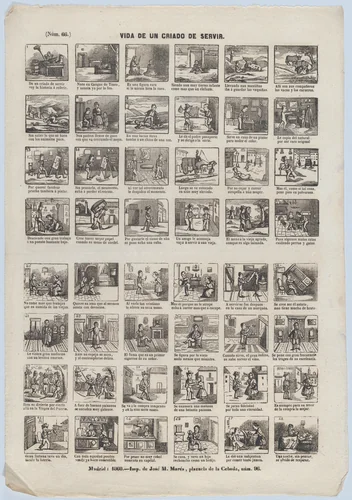 Broadside with 48 scenes from the life of a male servant by José María Marés, print, 1860