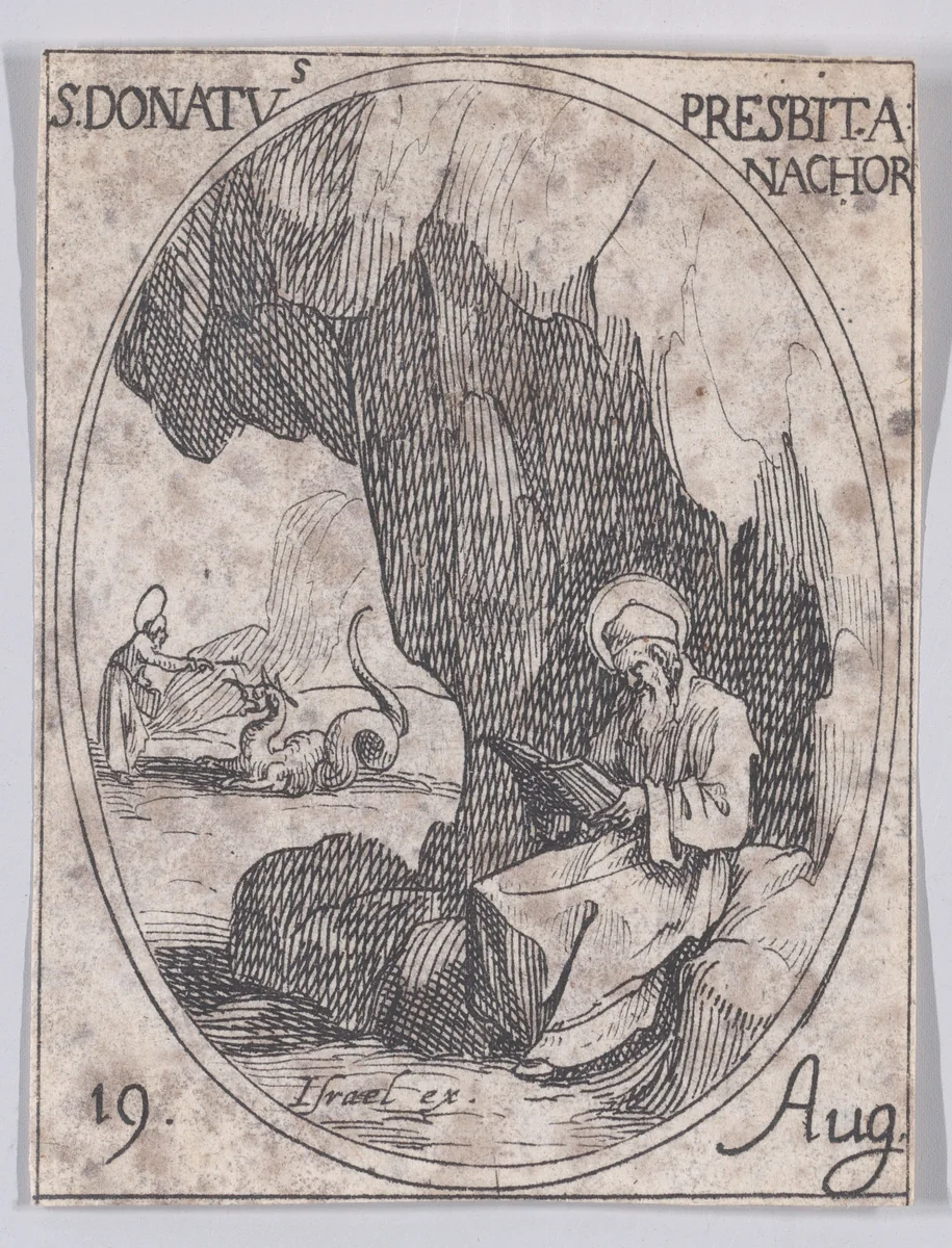 S. Donat, prêtre, anachorète (St. Donatus, Priest and Anchorite), August 19th, from "Les Images De Tous Les Saincts et Saintes de L'Année" (Images of All of the Saints and Religious Events of the Year) by Jacques Callot, print, 1636