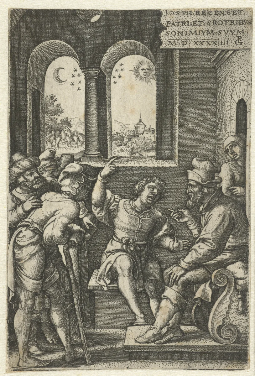 Jozef vertelt zijn dromen aan Jacob by Unknown, print, 1544
