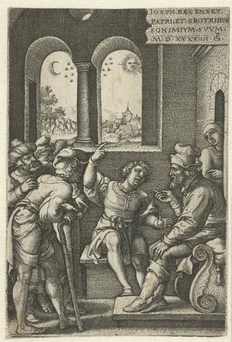 Jozef vertelt zijn dromen aan Jacob by Unknown, print, 1544