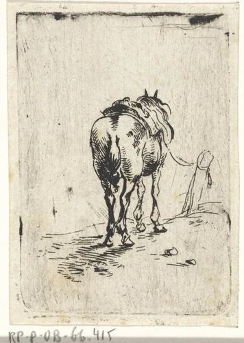 Gezadeld paard van achteren gezien by Pieter Cornelisz Verbeeck, print, 1620-1654