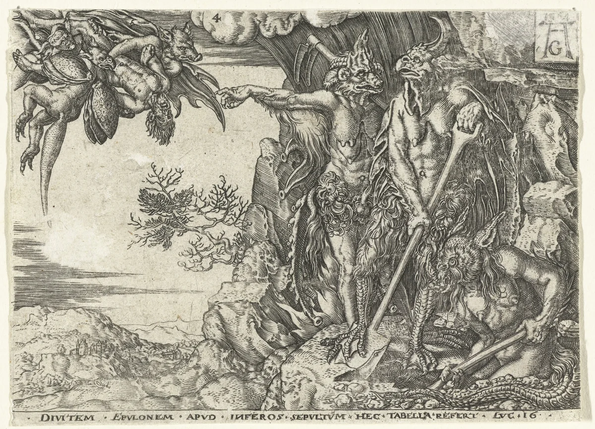 De rijke man door duivels naar de hel gevoerd by anonymous, print, 1554-1610