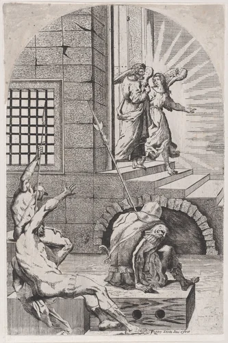 Saint Peter being released from prison by the angel by Girolamo Pedrignani, print, 1650-1670