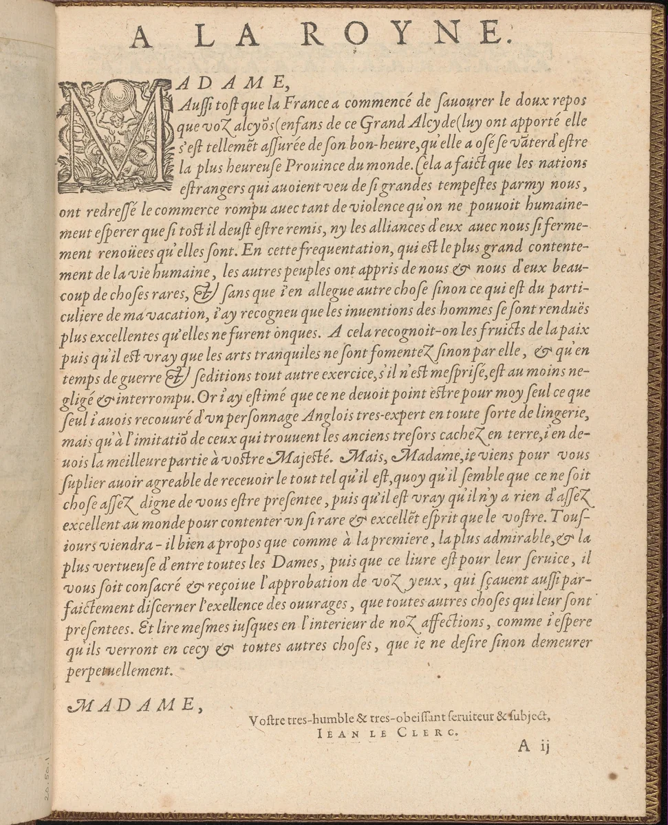 La Pratique de l'Aiguille, page 2 (recto) by Matthias Mignerak, book, 1605