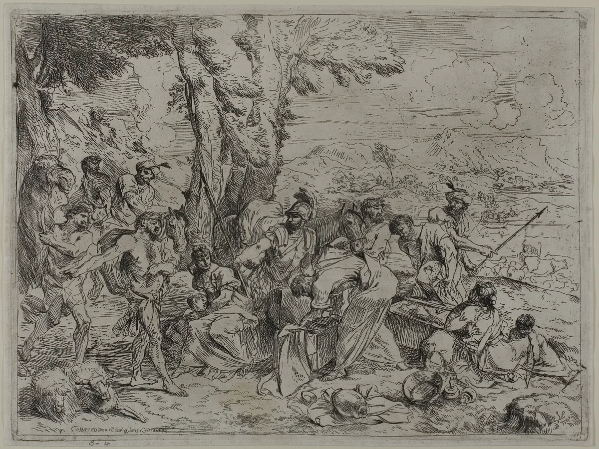 Laban Searching for Family Idols among the Possessions of Joseph by Giovanni Benedetto Castiglione, print, 1630-1635
