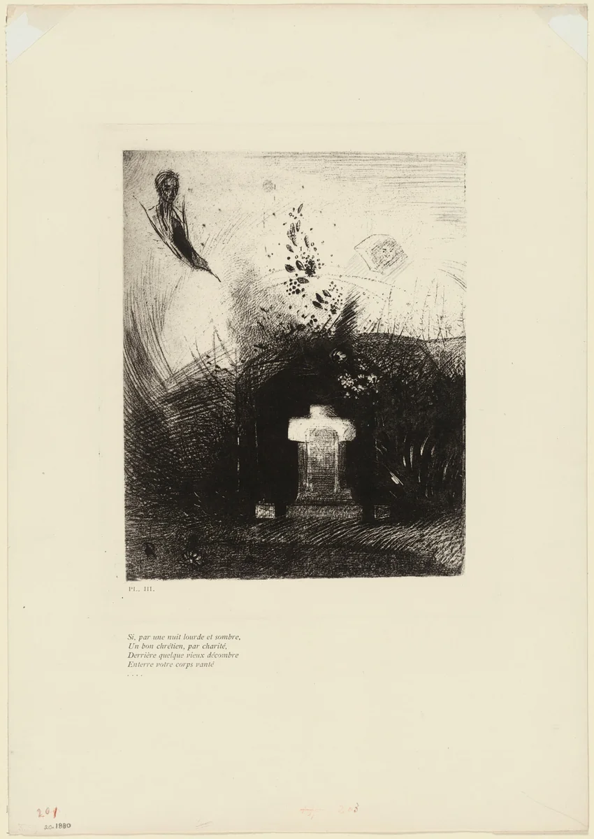 If On a Close Dark Night a Good Christian, Out of Charity, Behind Some Old Ruin, Buries Your Arched Body, plate 4 of 9 by Odilon Redon, print, 1890