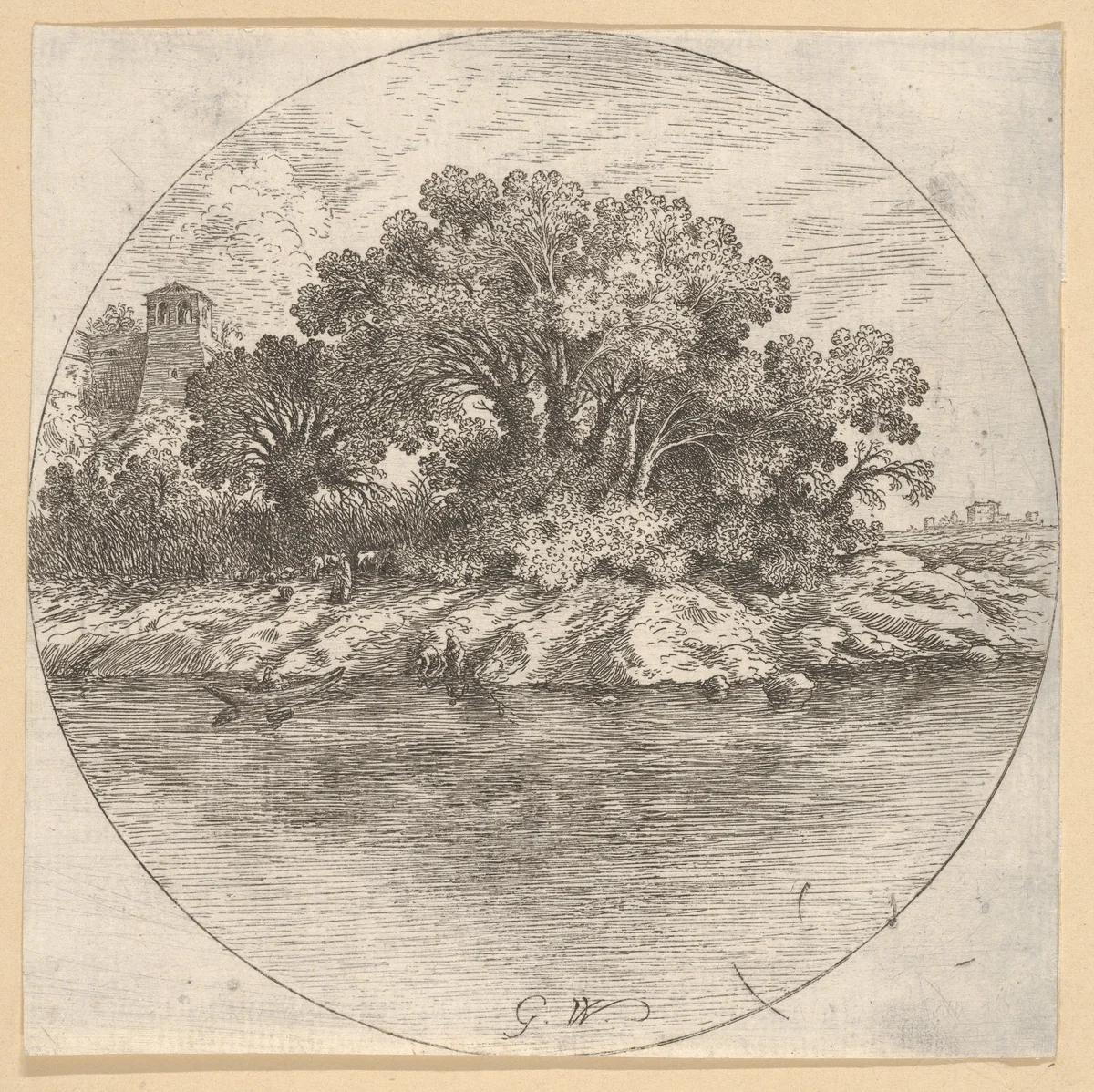 Landscape with Trees by the Water by Goffredo Wals, print, 1585-1645