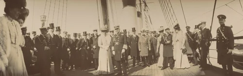 Peter Stolypin, Queen Alexandria of England, Count V. Fredericks, Grand Duchess H. Vladimirovna, Emperor Nicholas II talking to Princess Victoria, Grand Duke M. Alexandrovich, Admiral J. Fisher with Queen Alexandra, on Deck, Reval by Unidentified Photographer, photograph, 1909
