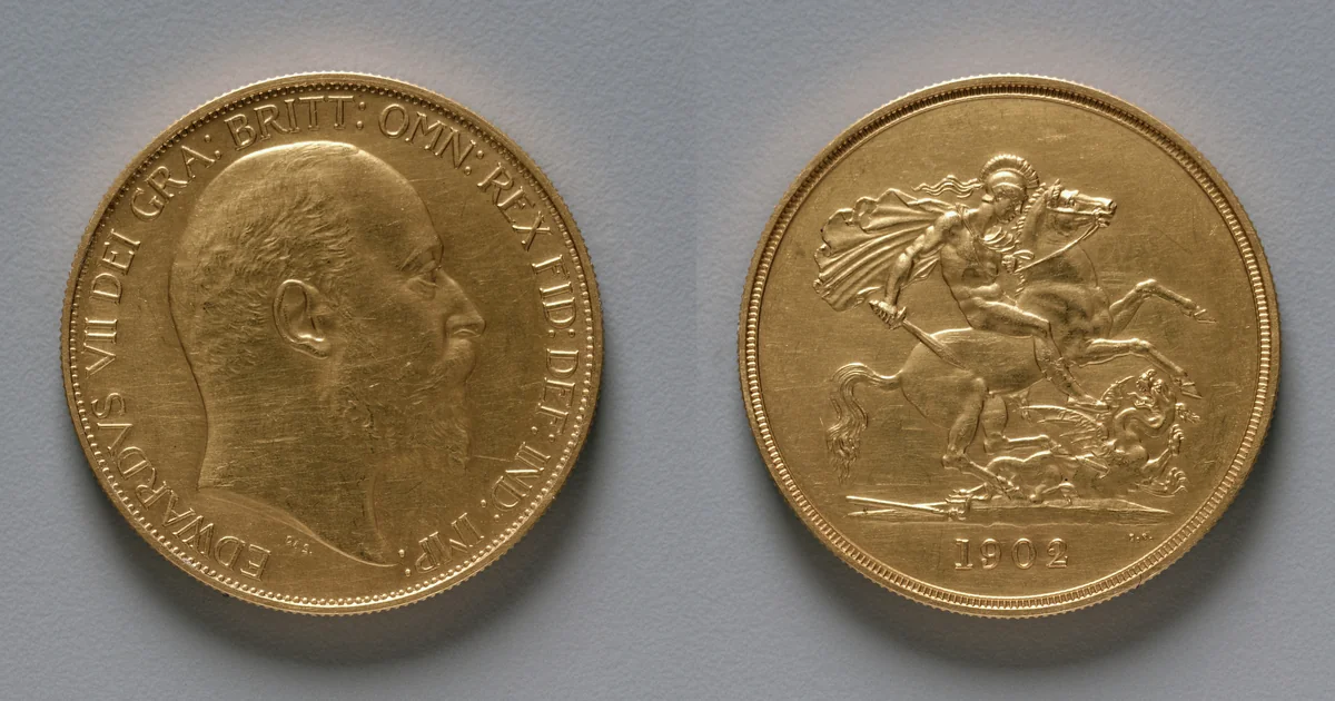 Five Pound Piece: Edward VII (obverse); St. George and the Dragon (reverse) by Benedetto Pistrucci, metalwork, 1902