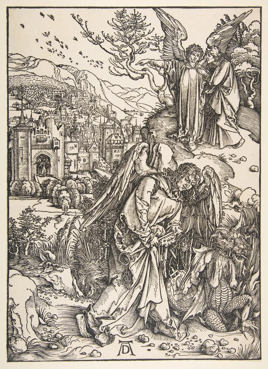 The Angel with the Key to Bottomless Pit by Albrecht Dürer, print, 1511