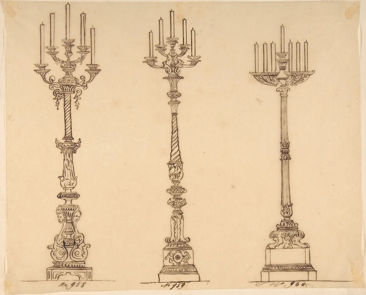 Designs for Three Candelabras by anonymous, drawing, 1800-1899