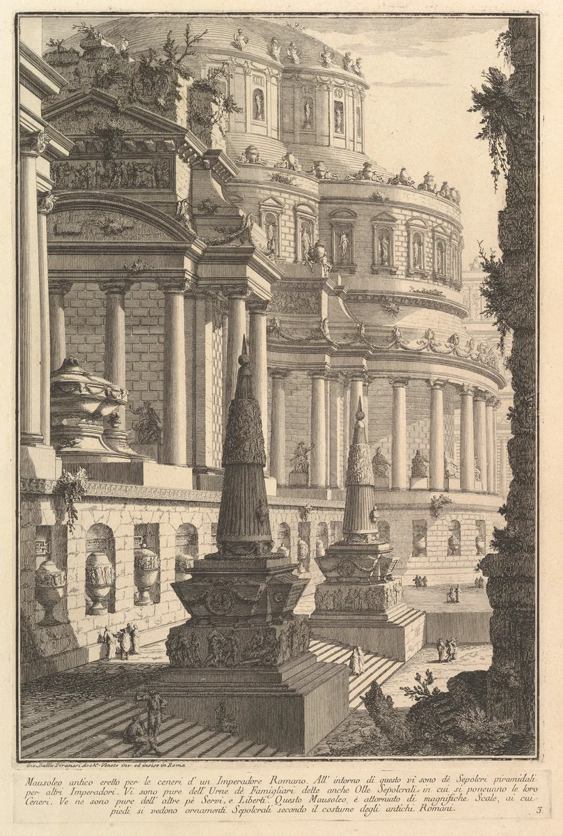 Ancient mausoleum erected for the ashes of a Roman Emperor (Mausoleo antico eretto per le ceneri d'un Imperadore Romano), from "Prima Parte di Architettura, e Prospettive" by Giovanni Battista Piranesi, print, 1745-1755