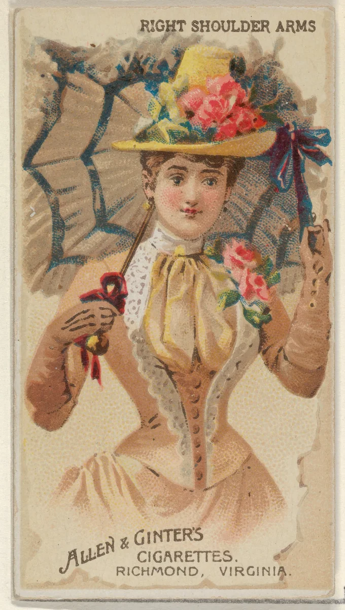 Right Shoulder Arms, from the Parasol Drills series (N18) for Allen & Ginter Cigarettes Brands by Allen & Ginter, print, 1888