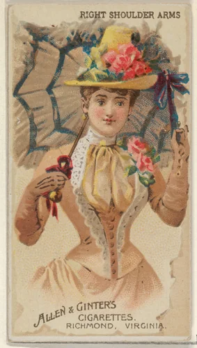 Right Shoulder Arms, from the Parasol Drills series (N18) for Allen & Ginter Cigarettes Brands by Allen & Ginter, print, 1888