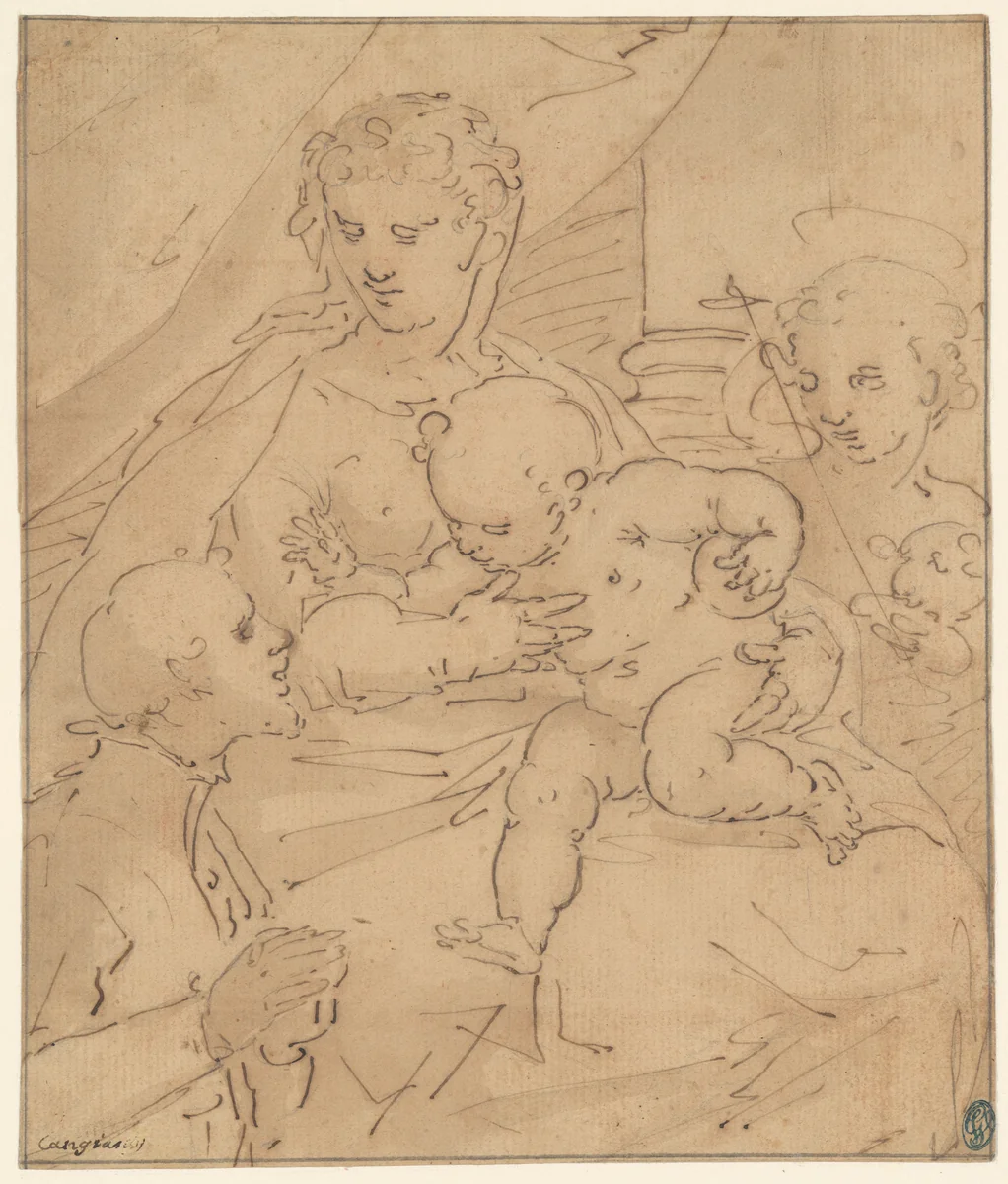 Madonna and Child with the Young Saint John the Baptist and a Donor by Cambiaso, drawing, 1557-1563