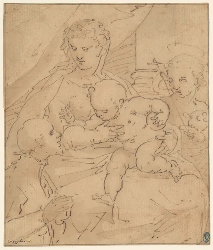 Madonna and Child with the Young Saint John the Baptist and a Donor by Cambiaso, drawing, 1557-1563