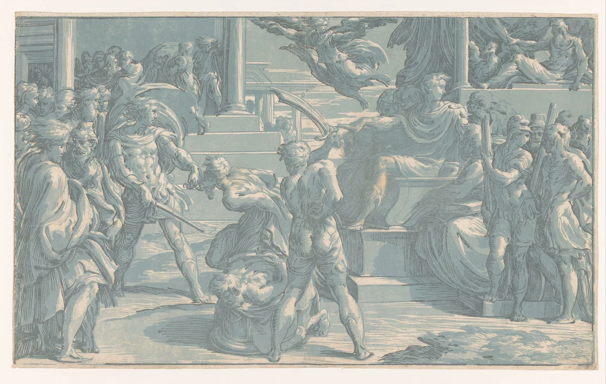 Martelaarschap van de heiligen Petrus en Paulus by Antonio da Trento, print, 1520-1550