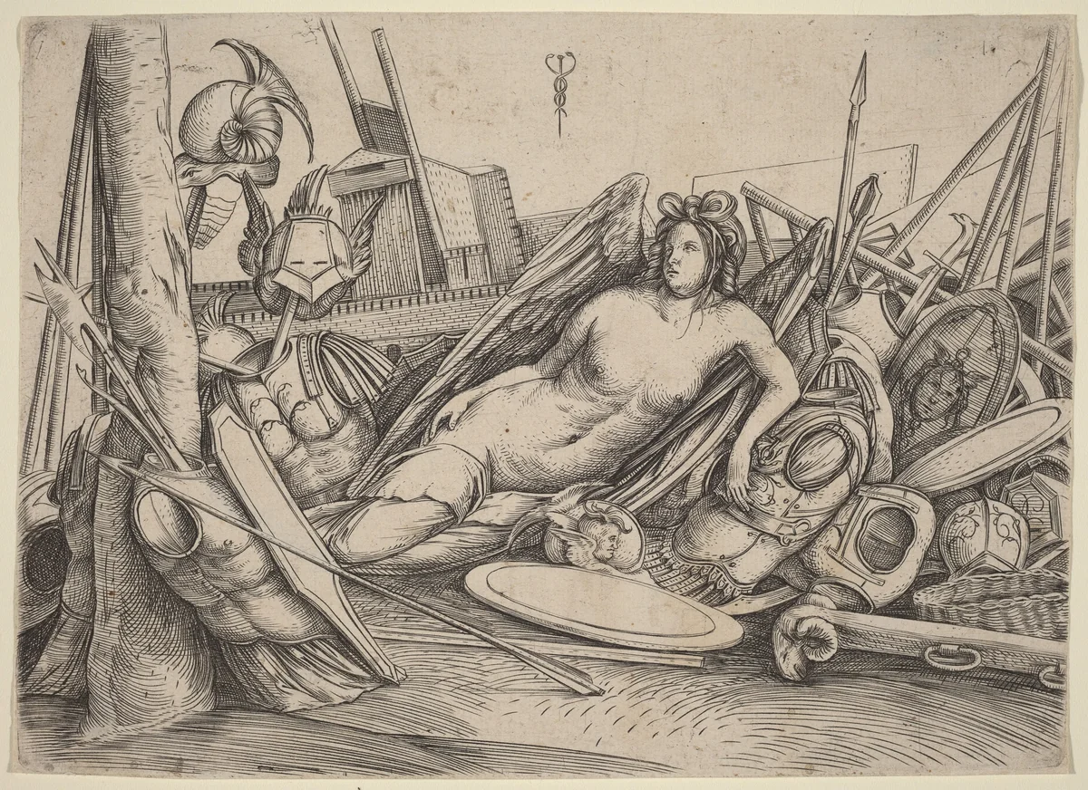 Victory Reclining Amid Trophies by Jacopo de' Barbari, print, 1500-1503