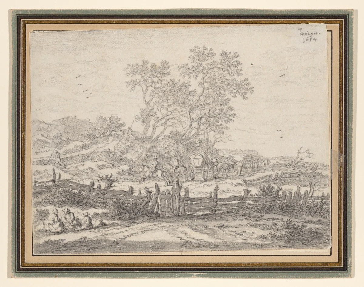 A Landscape with Travelers by Pieter de Molijn, drawing, 1654