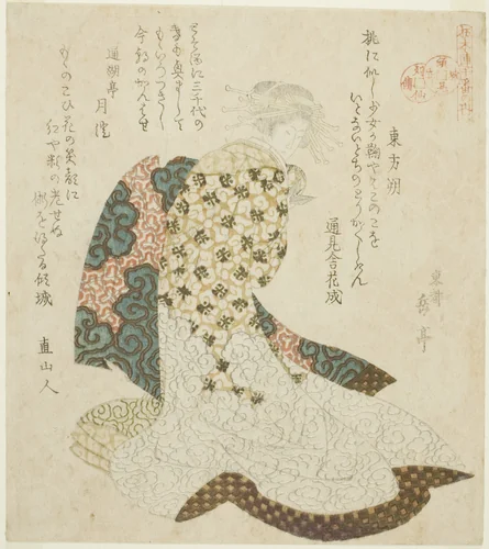 Dongfang Shuo (Tohosaku), from the series "Lives of Taoist Immortals Parodied by Courtesans - A Series of Seven (Keisei mitate ressenden, nanaban no uchi)" by Yashima Gakutei (八島岳亭), print, 1826-1827