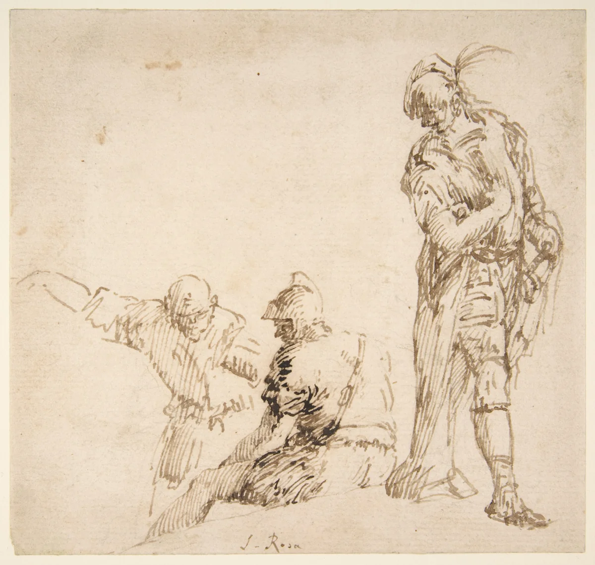 Figure studies: seated and standing men by Salvator Rosa, drawing, 1615-1673