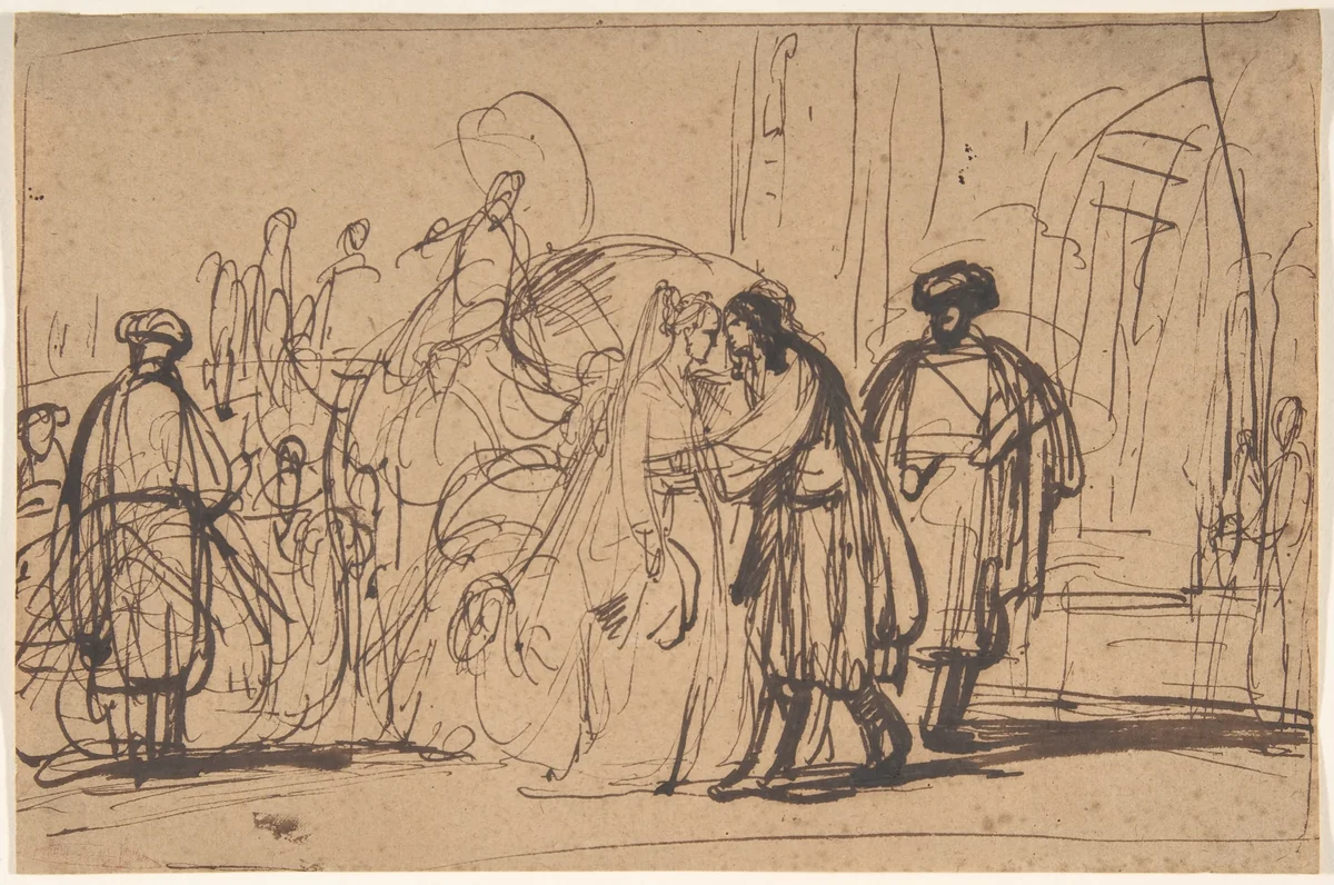 Isaac's Reception of Rebecca by Gerbrand van den Eeckhout, drawing, 1660-1669