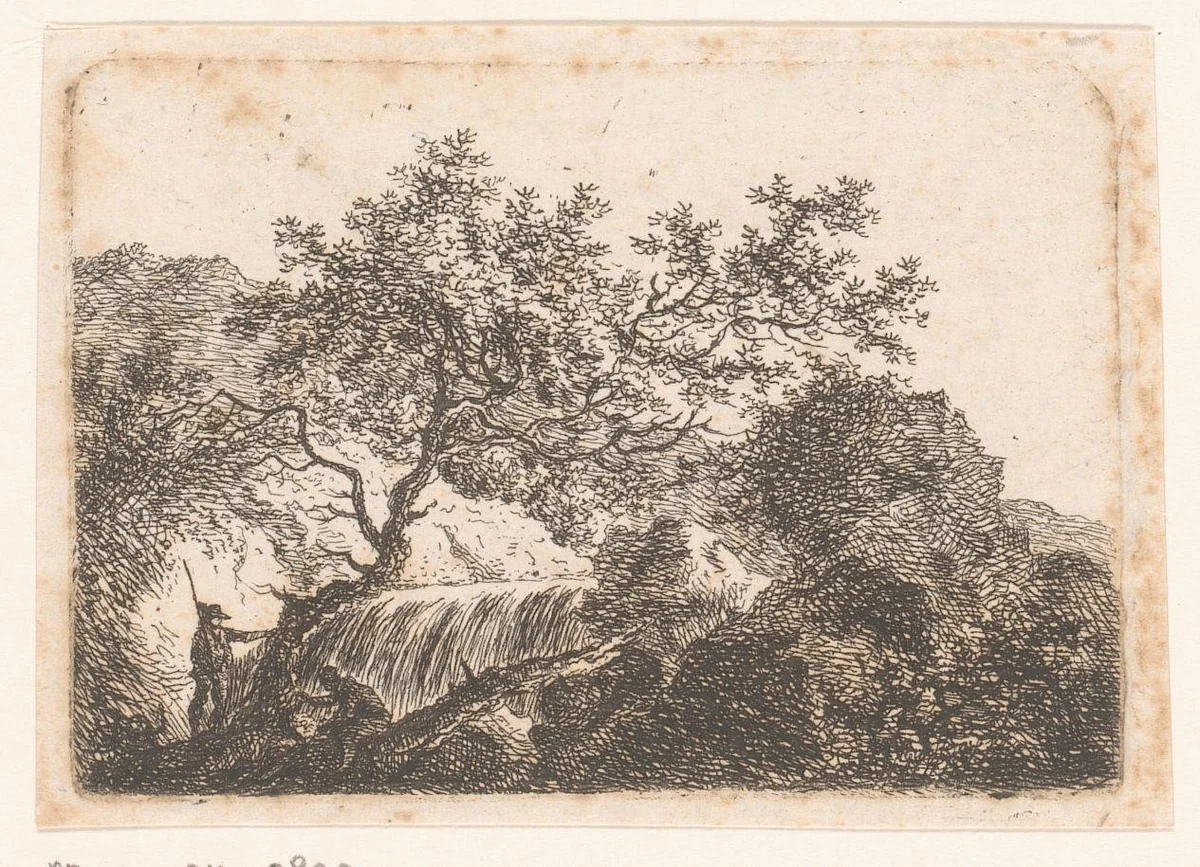 Rotsachtig landschap met waterval en twee personen bij een boom by Sauveur Legros, print, 1796