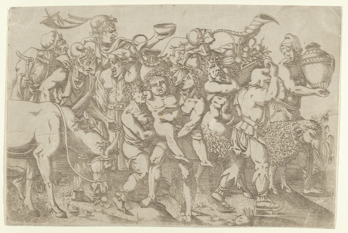 Silenus Carried by Two Attendants of Bacchus by Antonio Fantuzzi, print, 1543