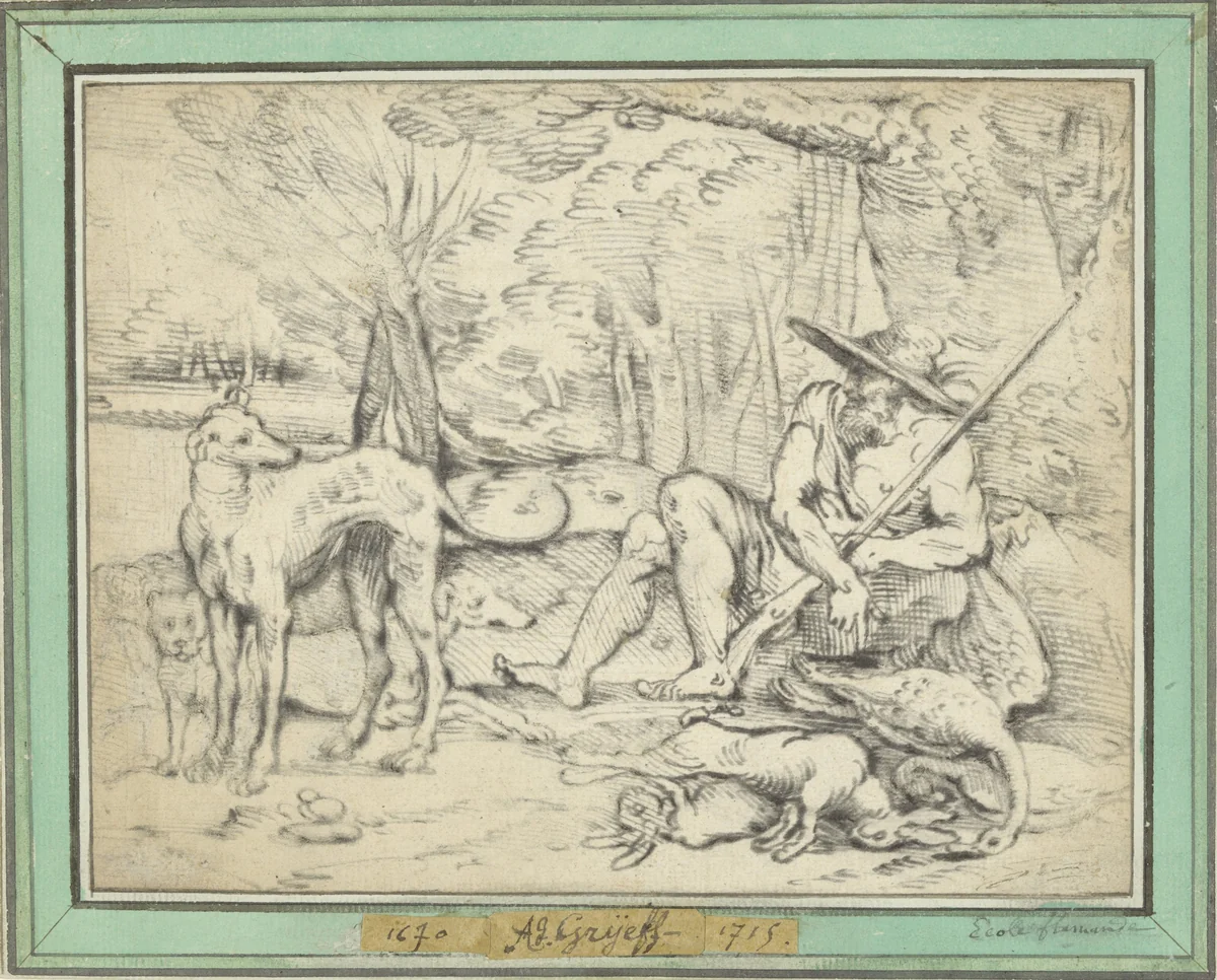 Rustende jager met honden en jachtbuit by Adriaen de Gryef, drawing, 1680-1715