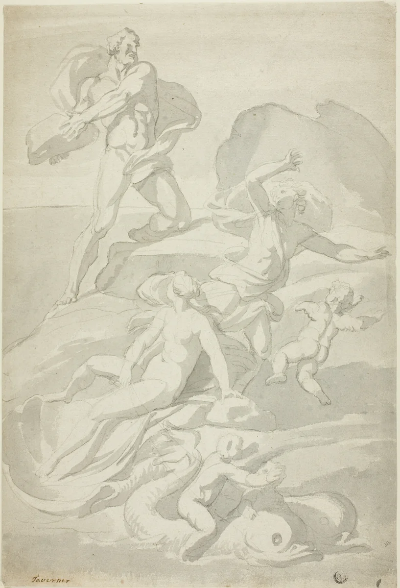 Polyphemus Throwing Boulder at Acis, with Galatea (recto), and Pholyphemus Lifting Boulder (verso) by John William Taverner, drawing, 1723-1772