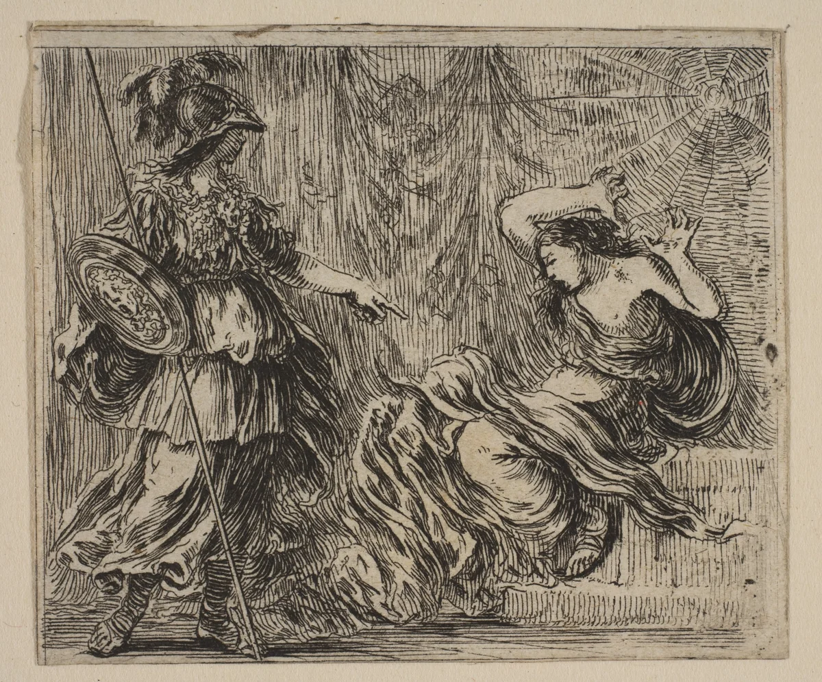 Pallas et Arachne, from 'Game of Mythology' (Jeu de la Mythologie) by Stefano della Bella, print, 1644