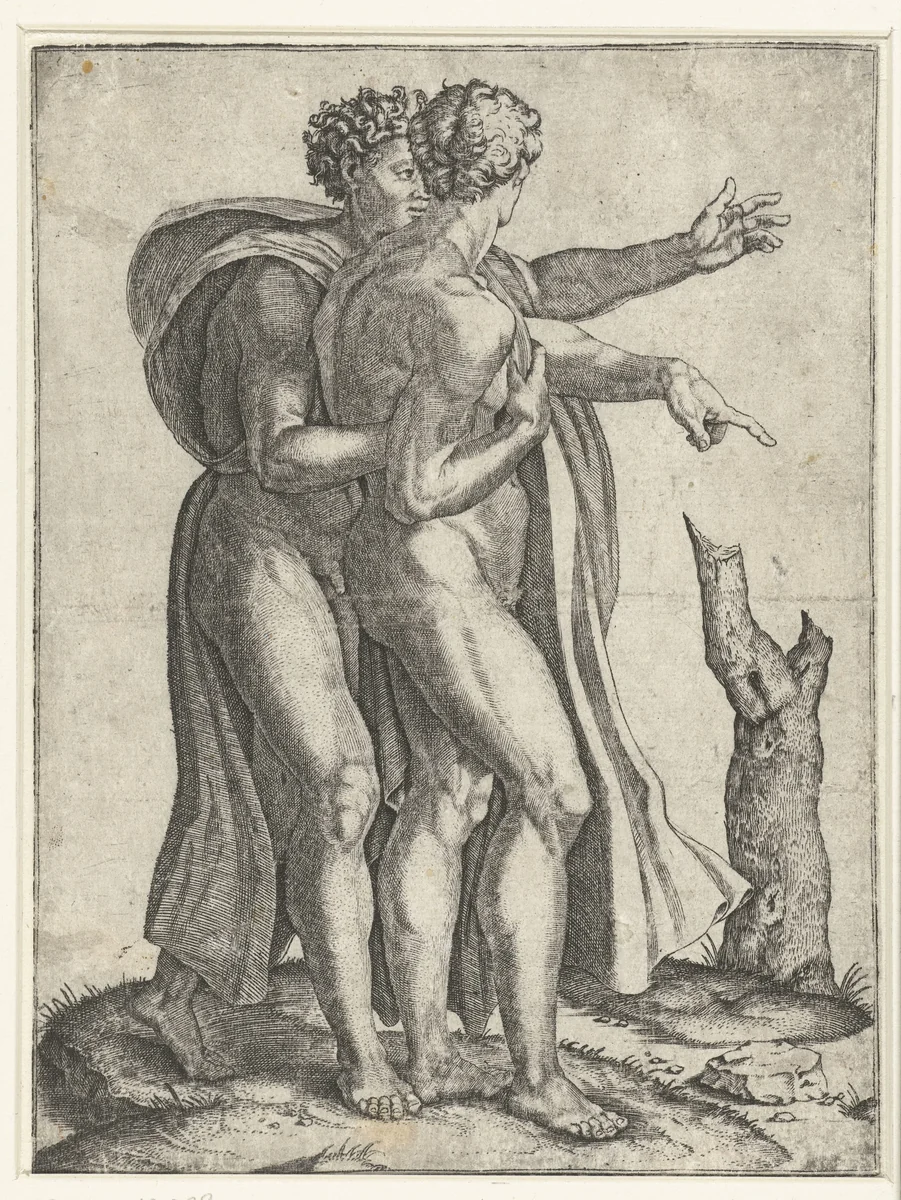 Twee gebarende naakte mannen by Marcantonio Raimondi, print, 1510-1527