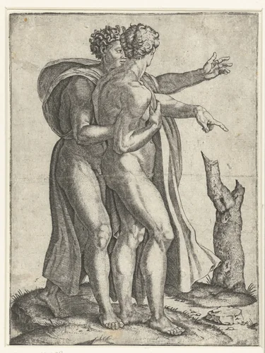 Twee gebarende naakte mannen by Marcantonio Raimondi, print, 1510-1527
