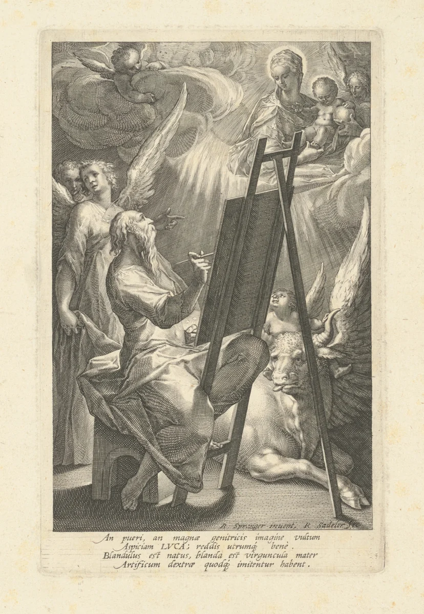 Saint Luke Painting the Virgin by Raphael Sadeler I; Bartholomaeus Spranger, print, 1580-1600