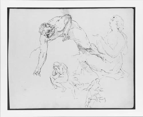 Nude Man Leaning Over Rock; Seated Female Figure; Seated Nude Female Figure with Hands to Face; Two Men Carrying Dead Body (from Sketchbook) by Thomas Sully, artwork, 1810-1820