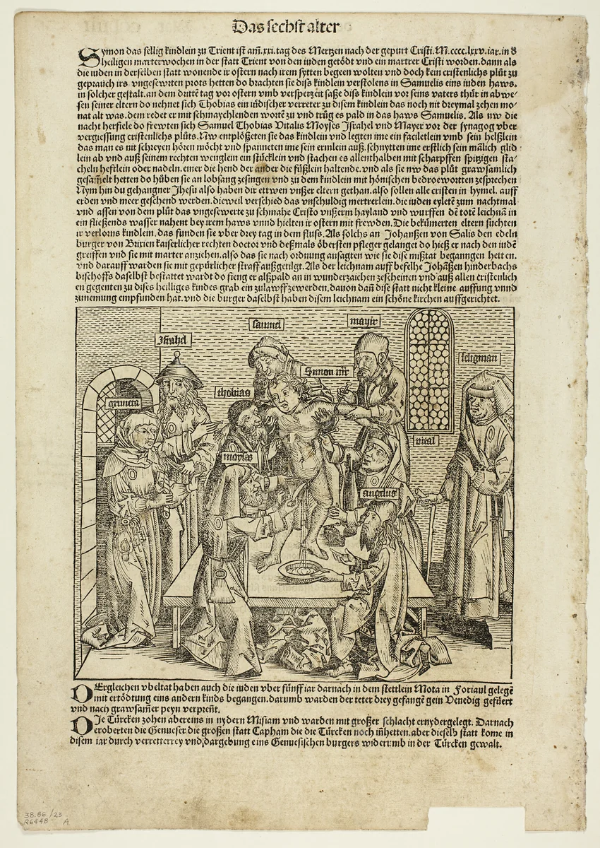 The Martyrdom of Saint Simon of Trent from Schedel Weltchronik (Schedel’s World History), Plate 23 from Woodcuts from Books of the 15th Century by Michel Wolgemut
Wilhelm Pleydenwurff
Anton Koberger
Hartmann Schedel
Wilhelm Ludwig Schreiber, print, 1493