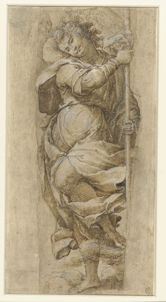 Studie van een engel met een lans by Unknown, drawing, 1550-1600