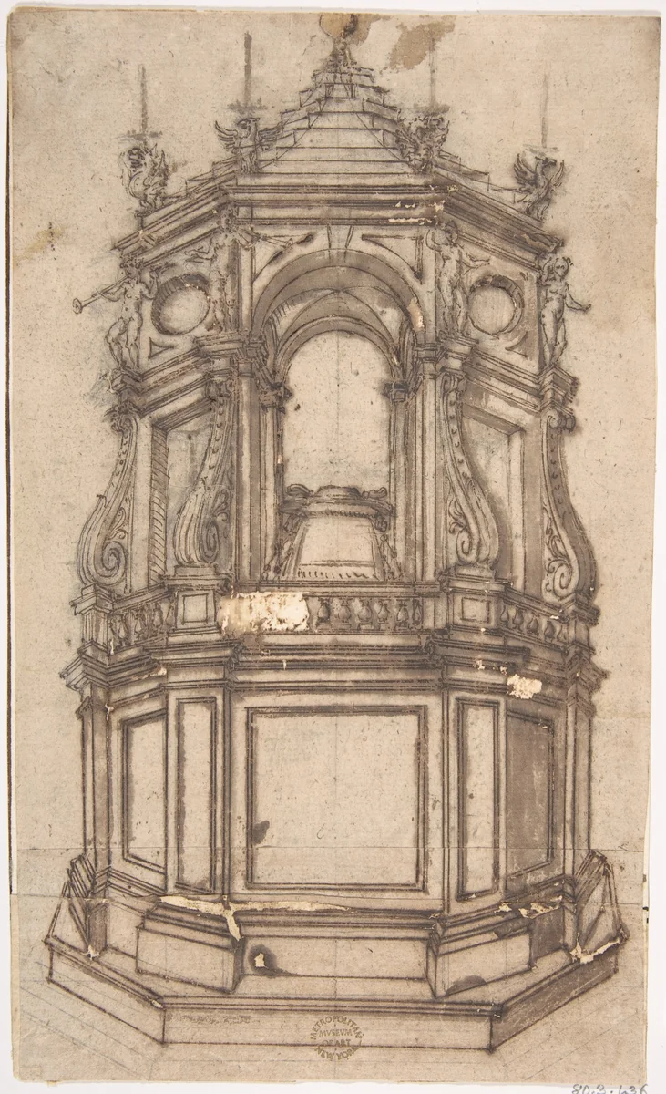 Catafalque for a Cardinal by anonymous, drawing, 1600-1700