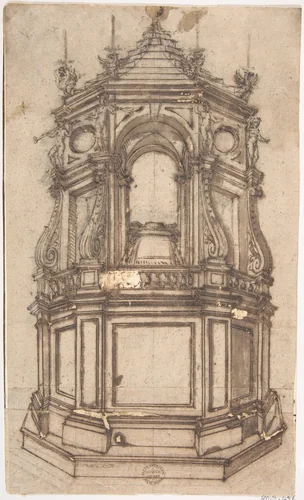 Catafalque for a Cardinal by anonymous, drawing, 1600-1700