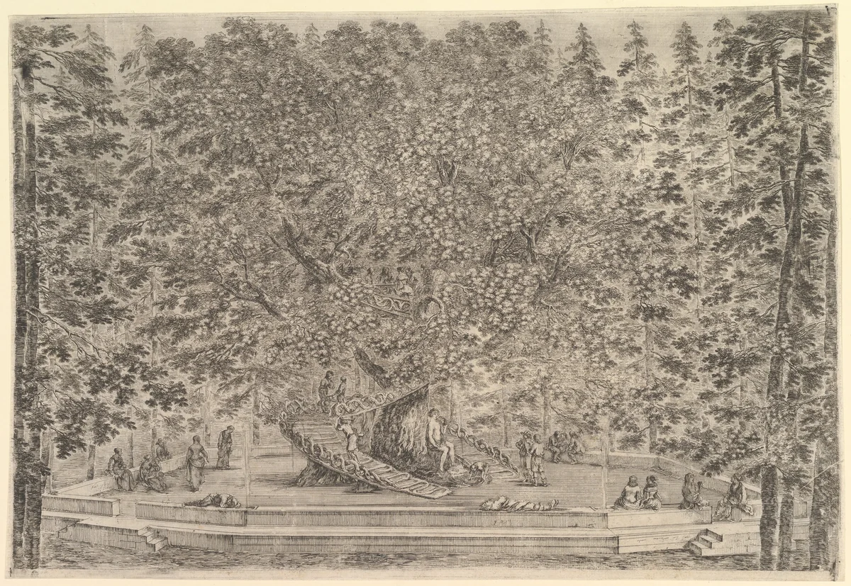 A large tree with people below, from "Views of the villa at Pratolino" (Vues de la villa de Pratolino) by Stefano della Bella, print, 1648-1658