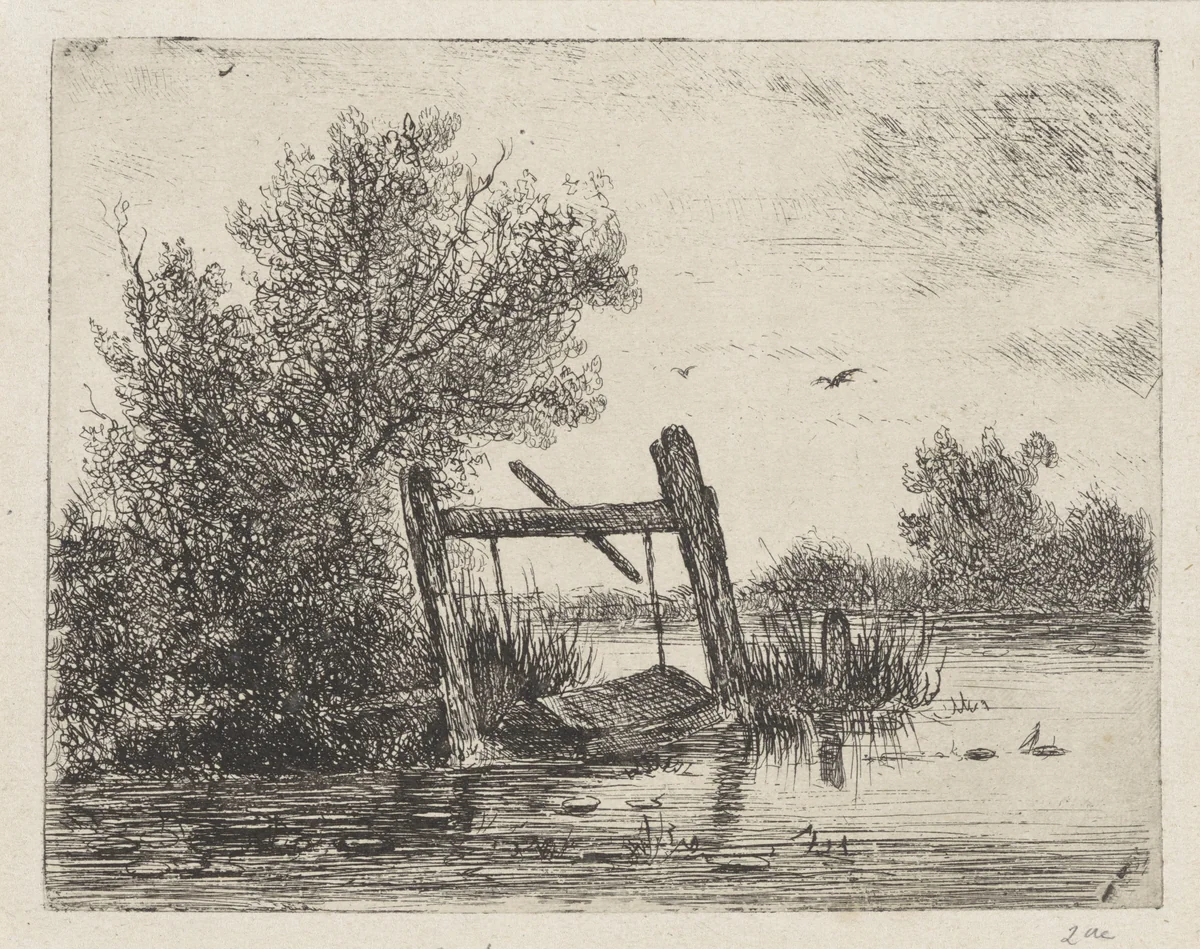 Visfuik aan een begroeide waterkant by Johannes Pieter van Wisselingh, print, 1830-1878