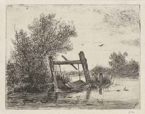 Visfuik aan een begroeide waterkant by Johannes Pieter van Wisselingh, print, 1830-1878