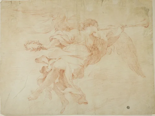 Angel with Trumpet and Wreath by Unknown Artist, drawing, 1600-1699