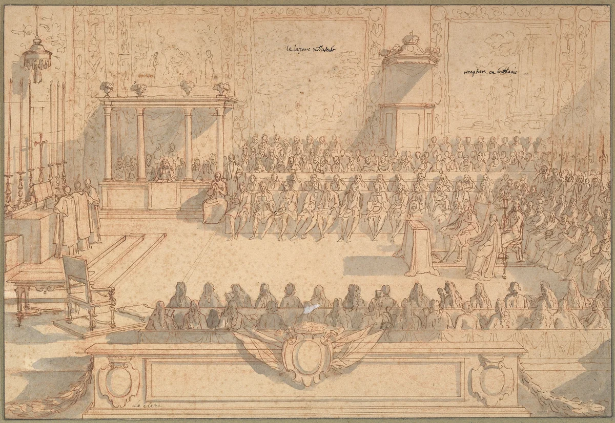 A Gathering in a Church by Sébastien Leclerc, drawing, 1650-1714