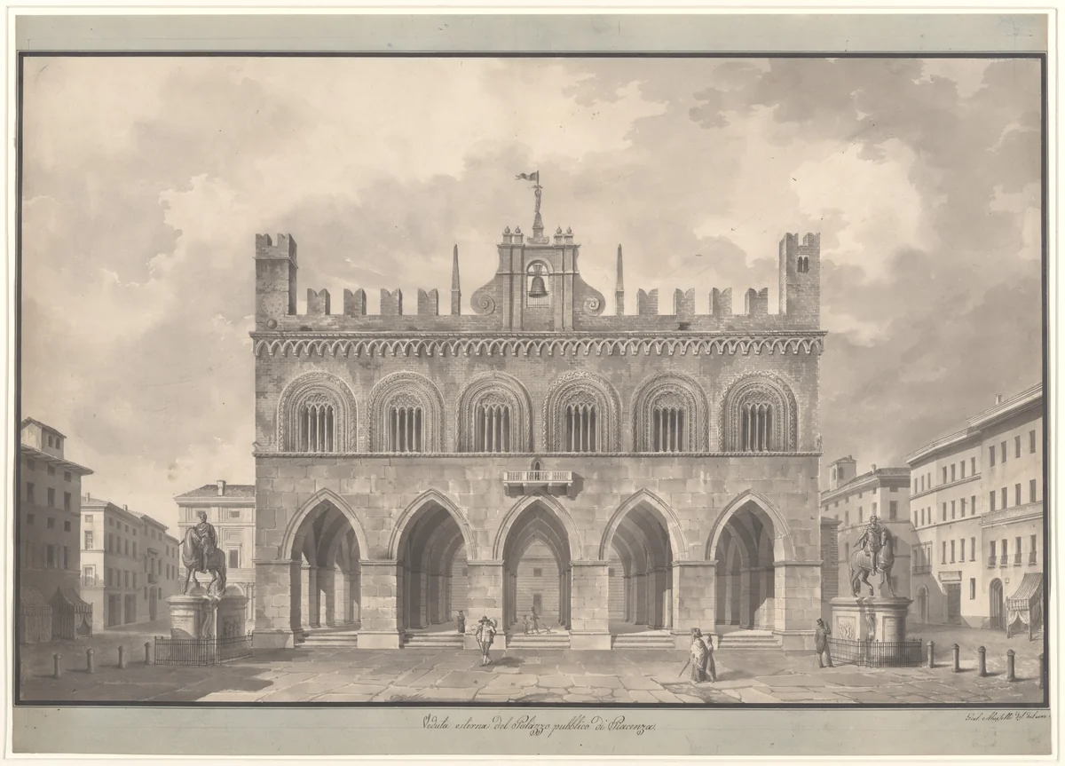 View of the Palazzo Pubblico (Palazzo Comunale), Piacenza by Giulio Aluisetti, drawing, 1820-1829