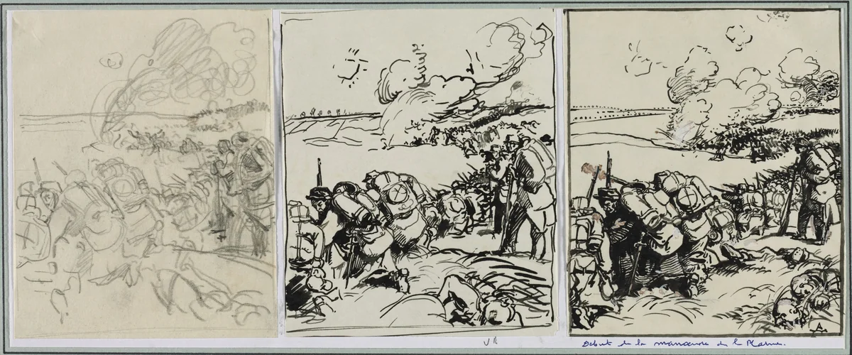 Dêbut de la manoeuvre de la Marne by Auguste Louis Lepère, drawing, 1914