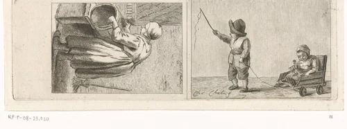 Boenende vrouw en kinderen spelend met rolkar by Pieter de Mare, print, 1779